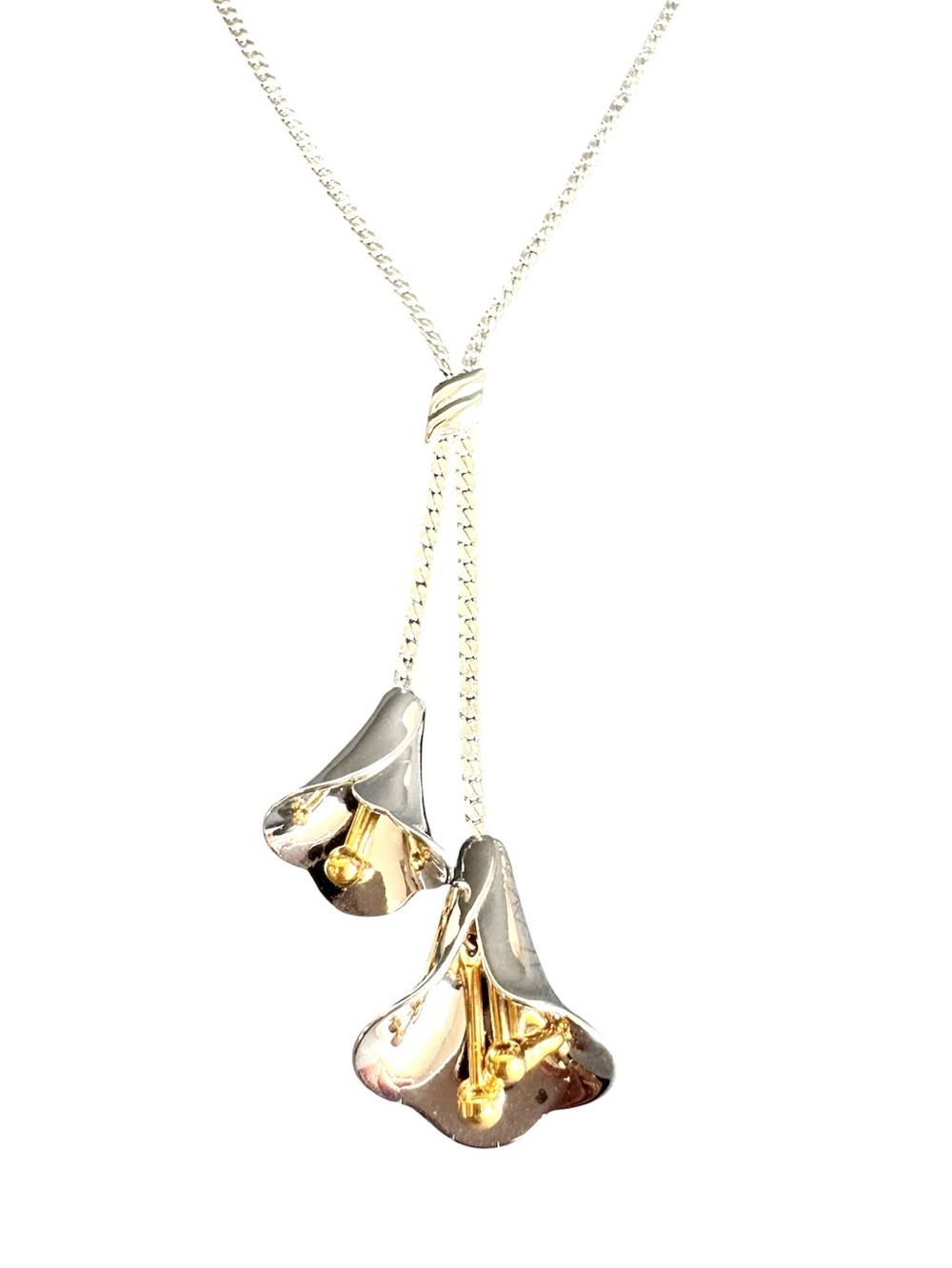 Vintage Avon Calla Lily Lariat Y Necklace Two‎ Tone Silver Gold Drop 22"